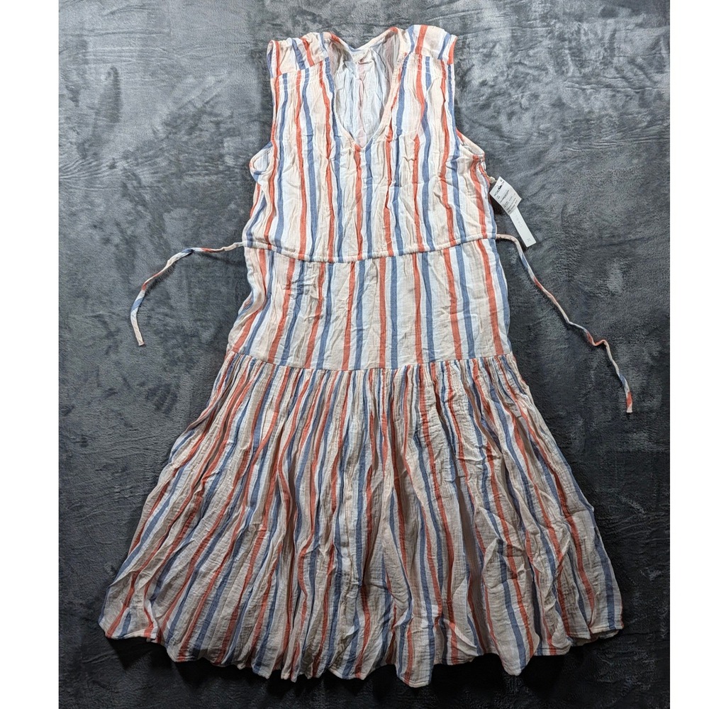 Caslon Women Striped Gauze Tiered Midi Dress XS Orange Blue White Beach Boho